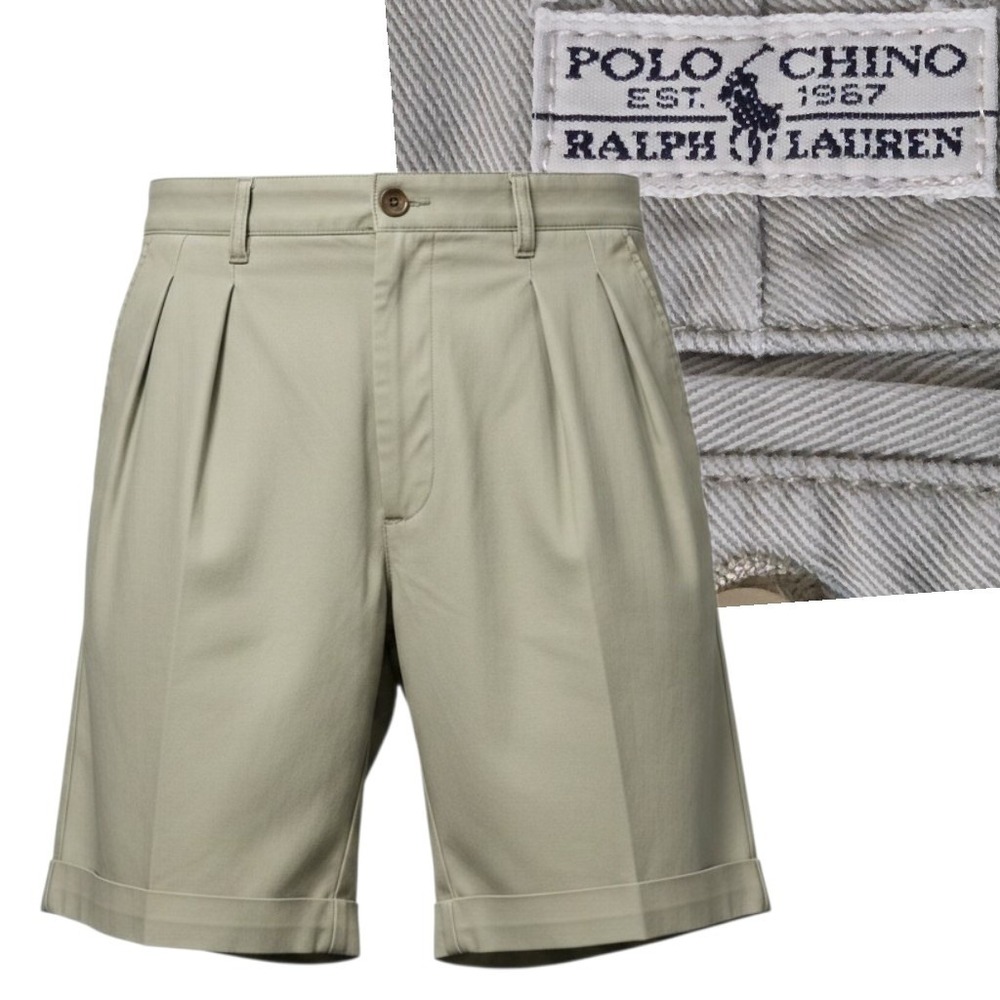 VTG Polo Ralph Lauren Chino Shorts Mens 32 Khaki Pleated Cuffed Cotton Twill